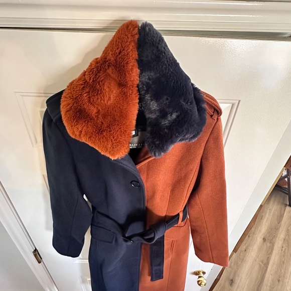 Brand new! Badgley Mischka Terry color blocking Cognac/Navy long coat. Size-M. - Picture 11 of 16